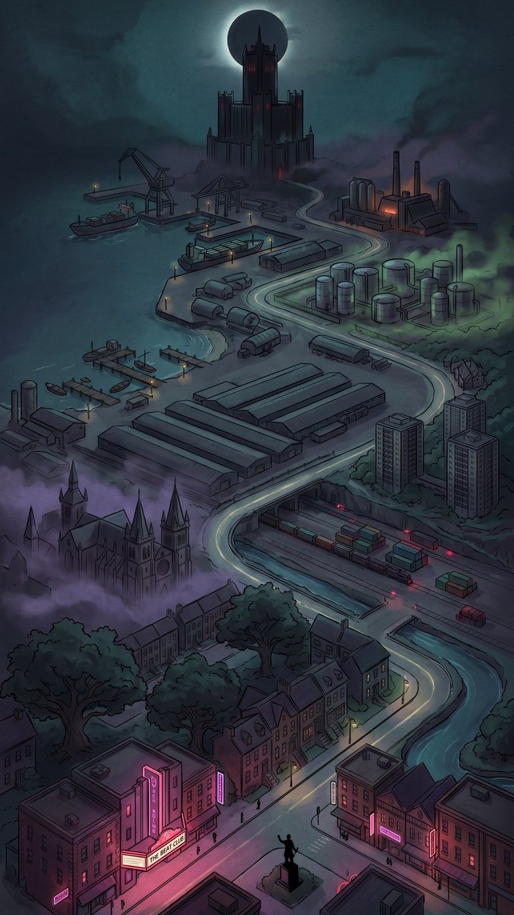The Hood Defense campaign map: a winding route from the harbour, through the rail yards and refineries, up to a tower under an eclipse.