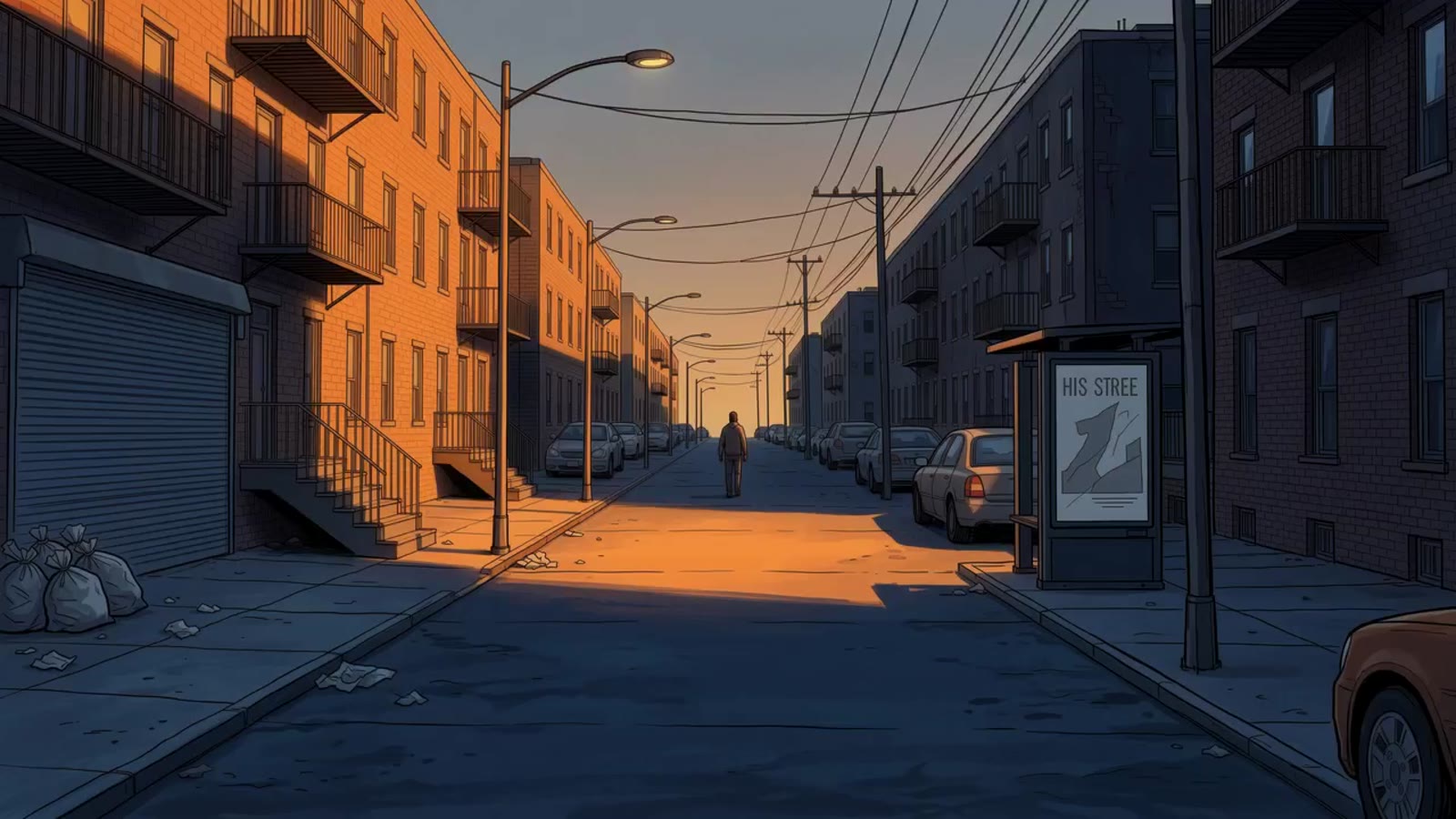 A street at dusk from Death Domain: brick walk-ups, a corner store, one figure far down the block.