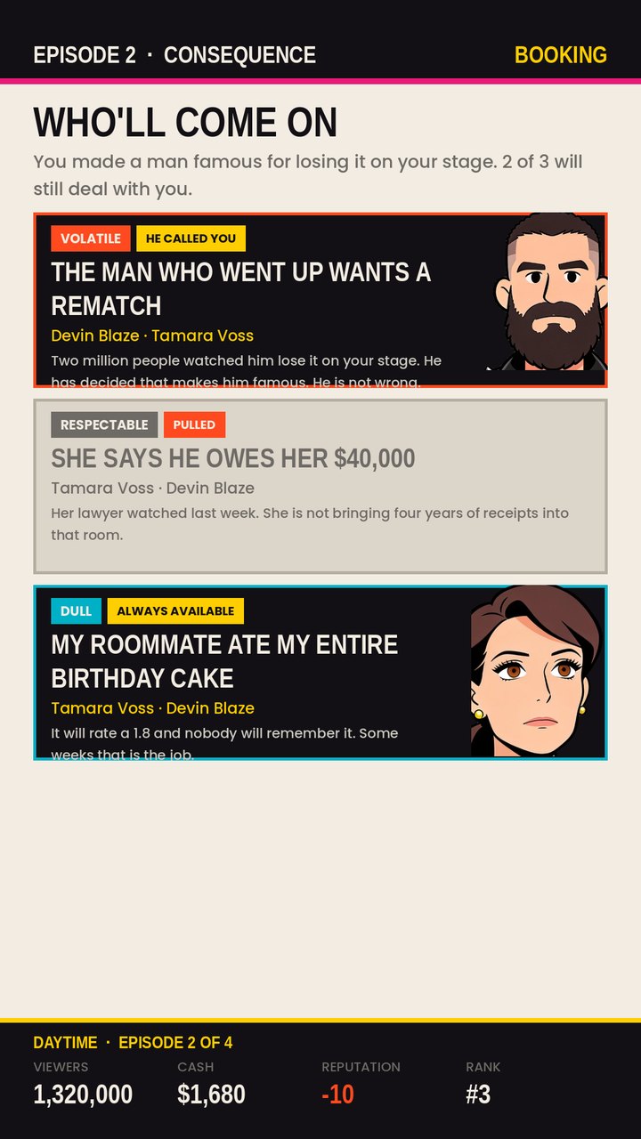 Talk Show Wars booking screen: three guest stories tagged volatile, respectable and dull, with viewers, cash, reputation and rank across the bottom.
